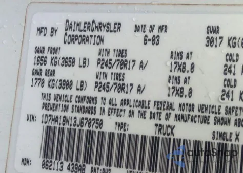 2003 Dodge Ram 1500 St/Slt из США, поврежденный, VIN 1D7HA18N13J670750